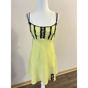 VTG Lime Green Black Lace Babydoll Slip Dress Y2K Coquette Indie Sleaze